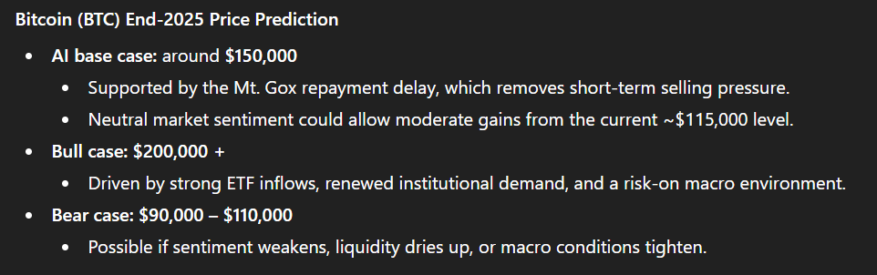 AI predicts Bitcoin price with Mt. Gox repayments delayed until 2026 4 02909114c3c1d7e5833c0a4226a0a4fa9b01bdf0