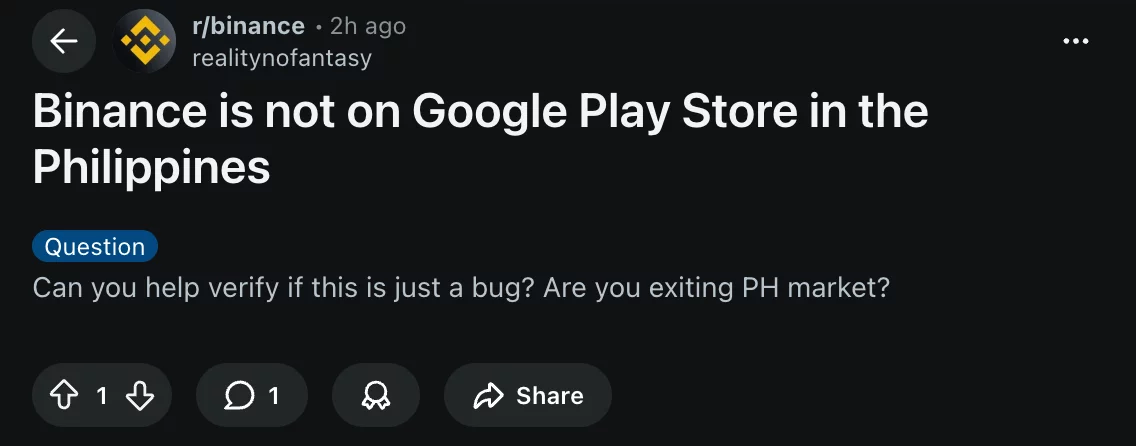 User report on Binance subreddit.