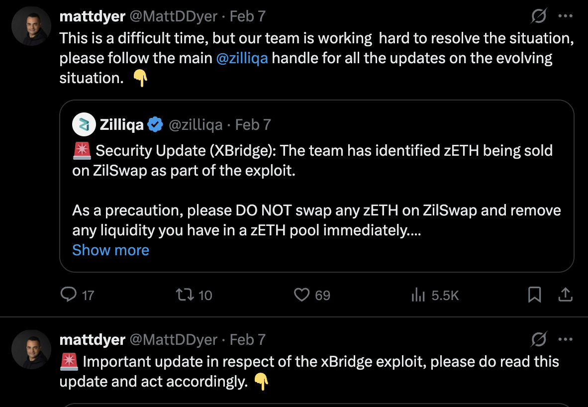 شارك مات دير الرئيس التنفيذي السابق Zilliqa تحديثات حول اختراق المشروع على X