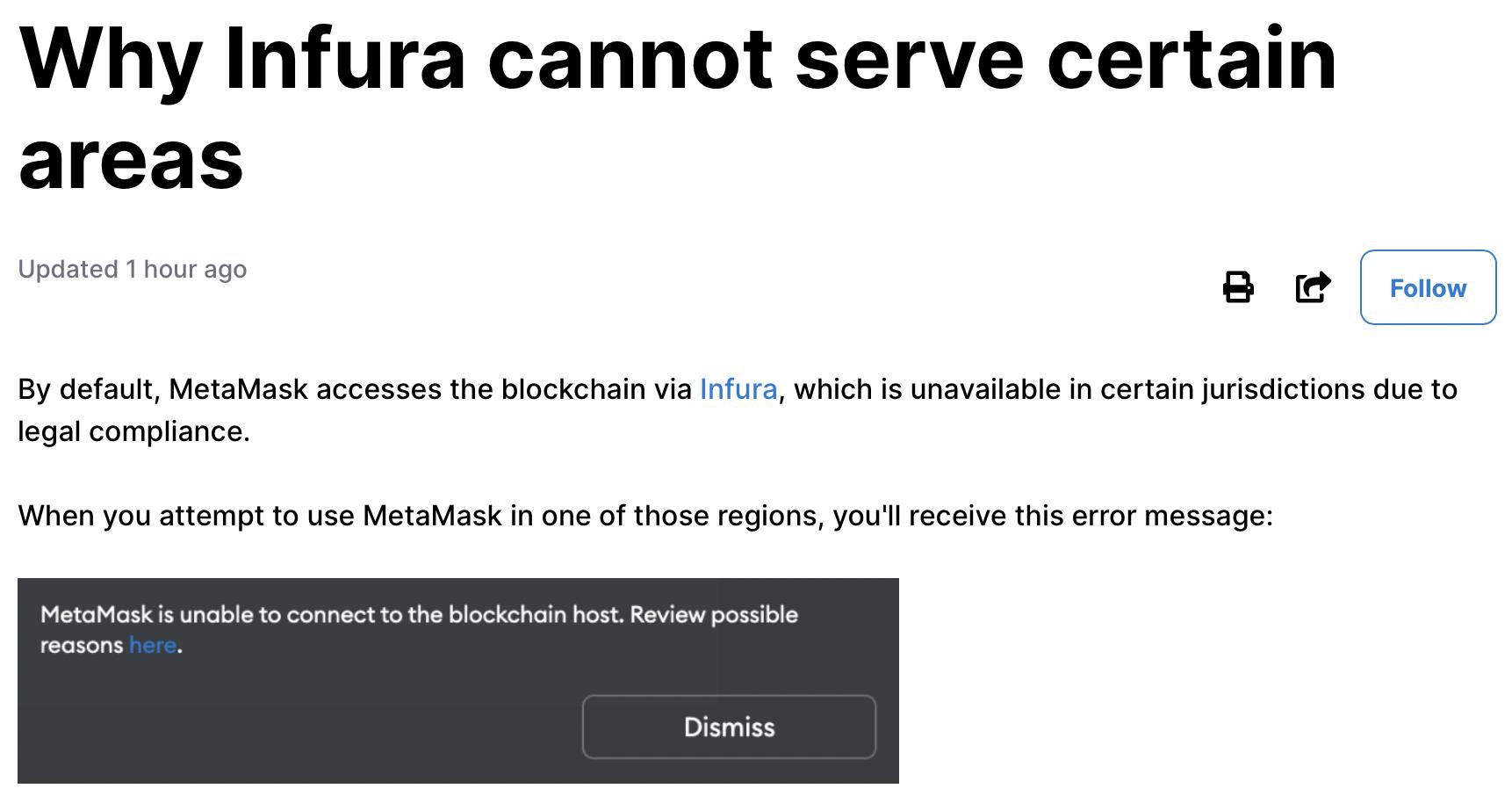 MetaMask acknowledging that users in sanctioned countries such as Venezuela may not be able to access services.