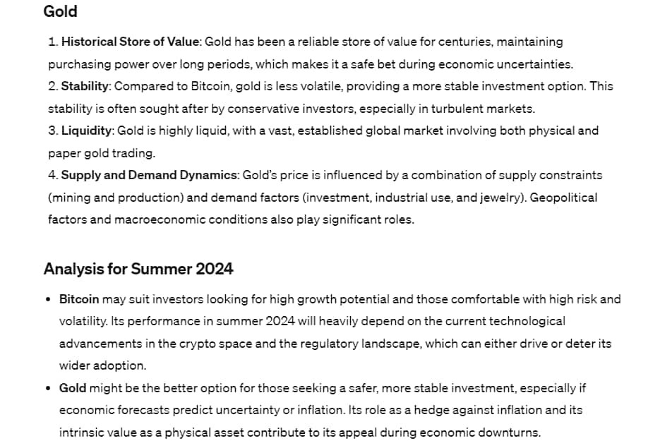 Биткоин или золото? Мы спросили ChatGPT, какой актив лучше купить летом 2024 года