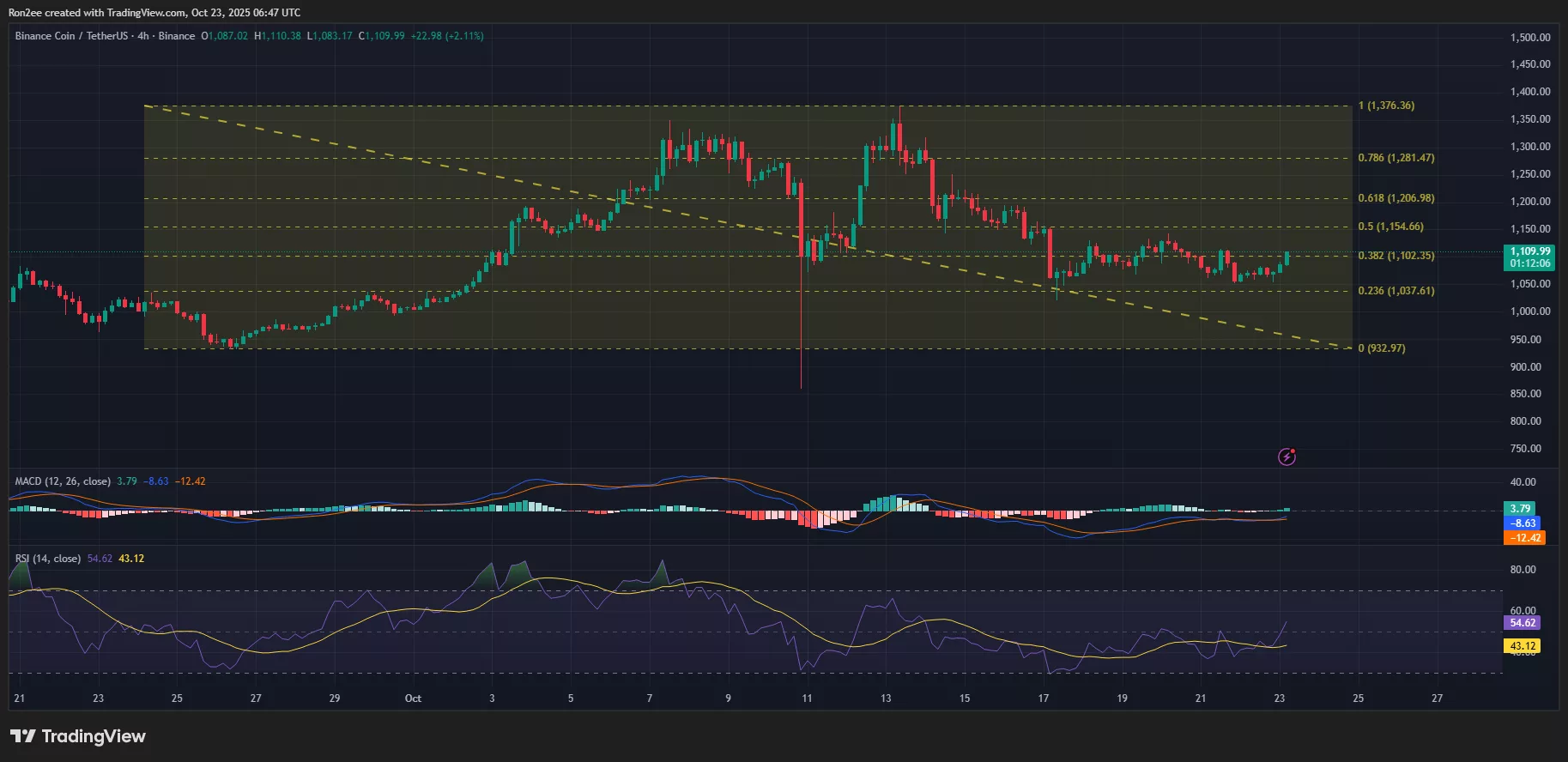 BNB price, MACD, and RSI chart.