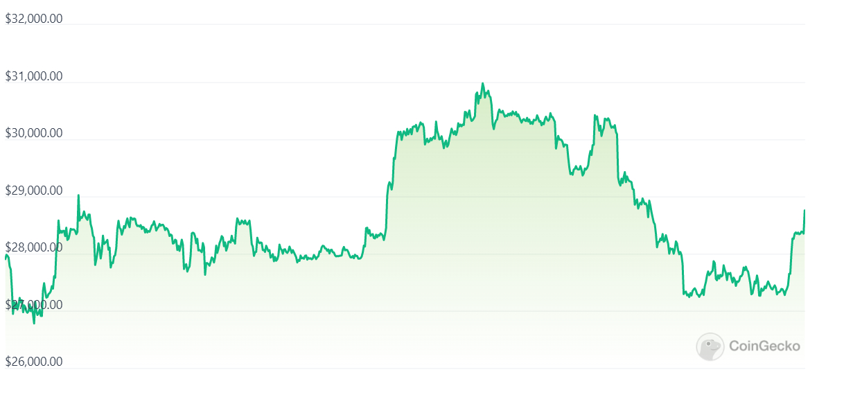 A graph showing Bitcoin prices versus the USD over the past month.