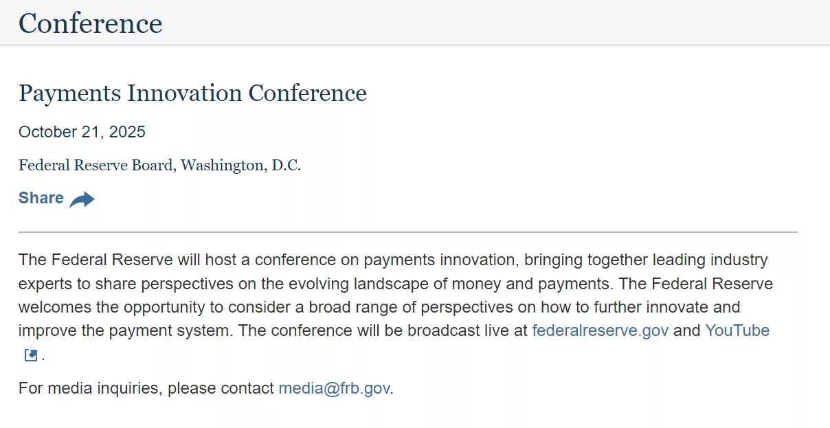 The Federal Reserve will host a conference on Oct. 21 centered around crypto payments, AI and stablecoins | Source: Federal Reserve