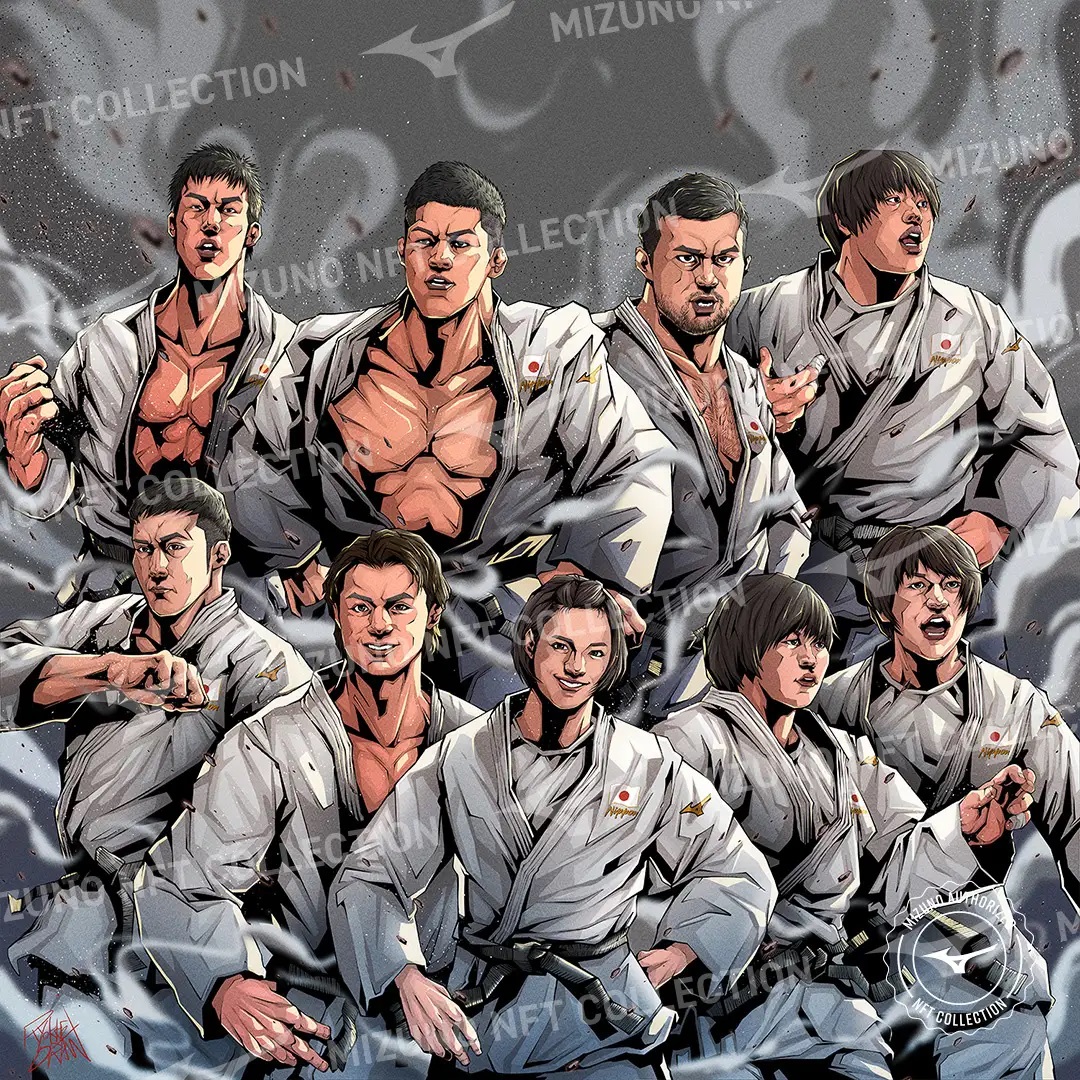 A piece of digital art depicting a number of Japanese professional judo practitioners.