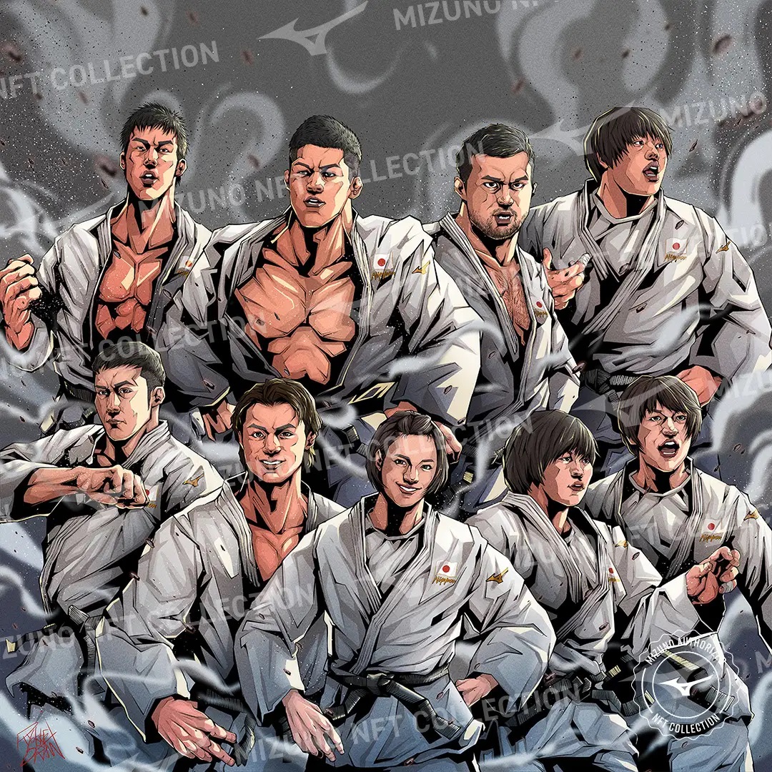 Una obra de arte digital que representa a varios practicantes de judo profesionales japoneses.