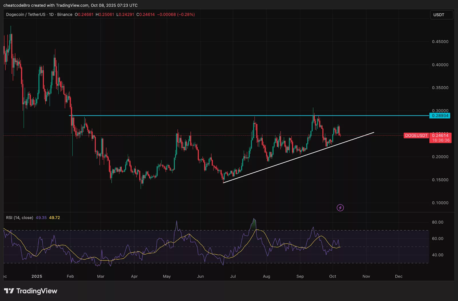 Dogecoin price chart from TradingView showing trend line.