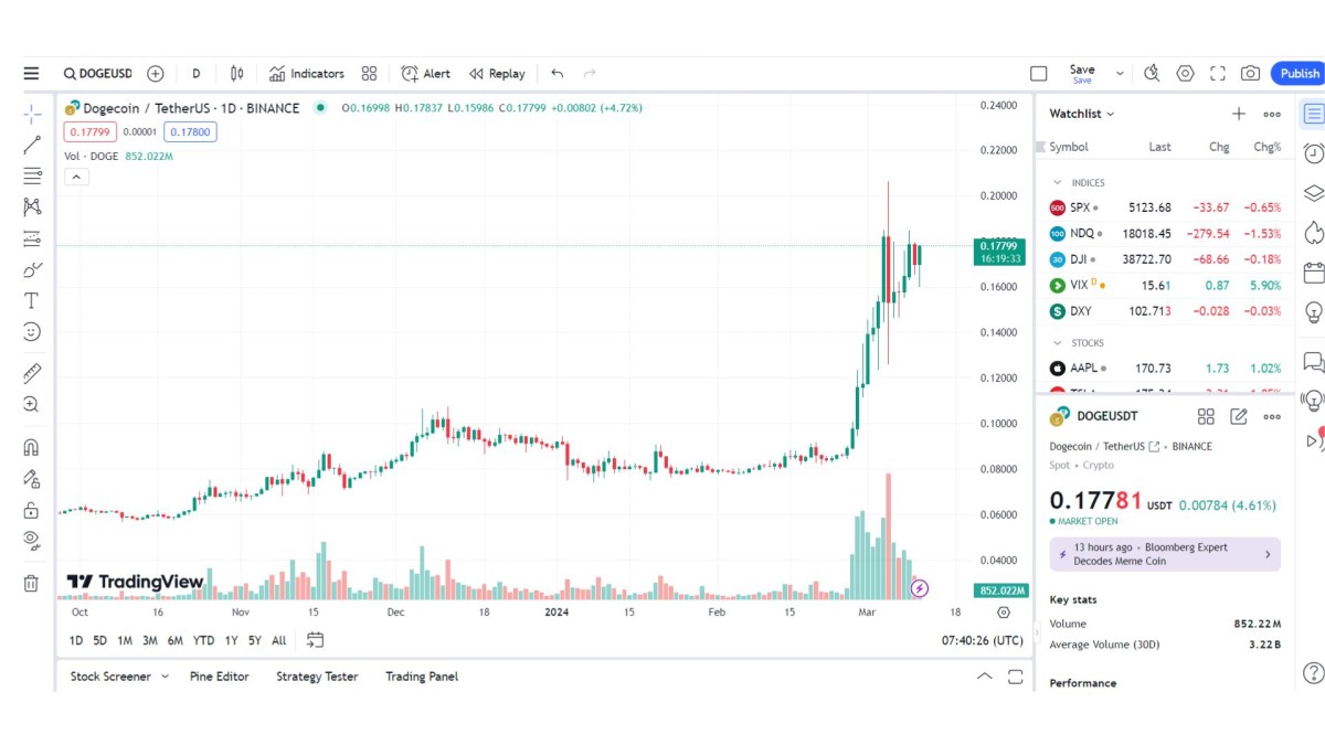 مخطط سعر DOGE/USD لمدة يوم واحد؛ ترادينغفيو 