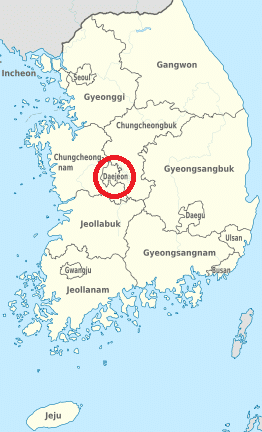 Город Тэджон отмечен на карте Южной Кореи.