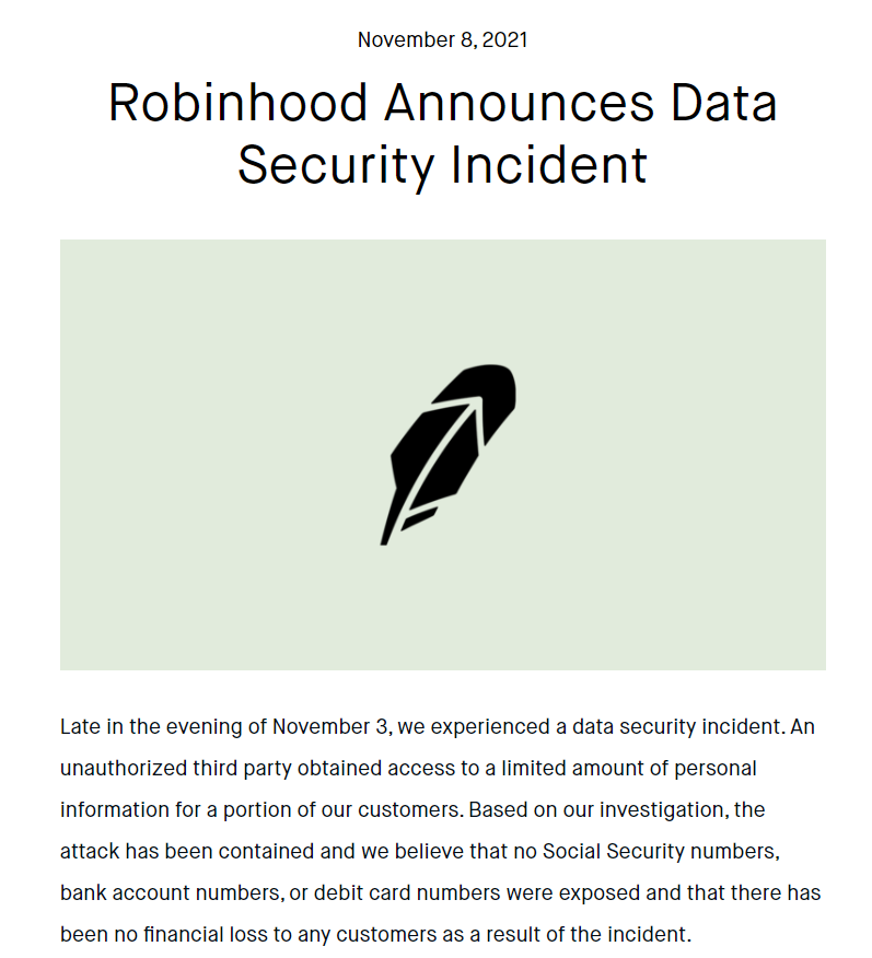 Publicación de Robinhood anunciando ciberataque reciente