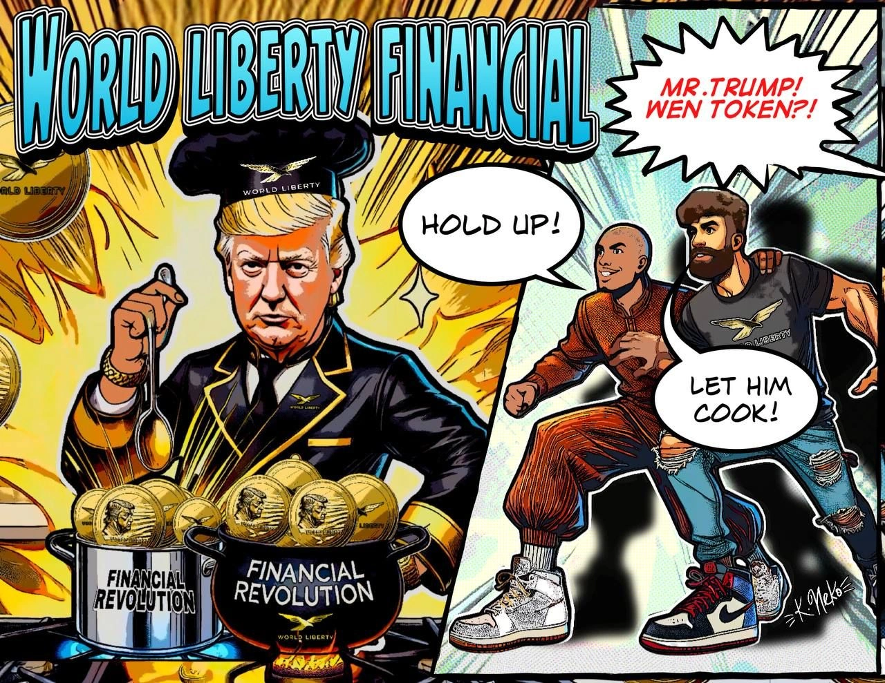 Cartoon depiction of Donald Trump posted by World Liberty Financial