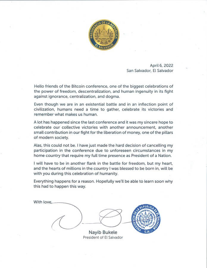 Carta del presidente Bukele a los asistentes de Bitcoin Miami