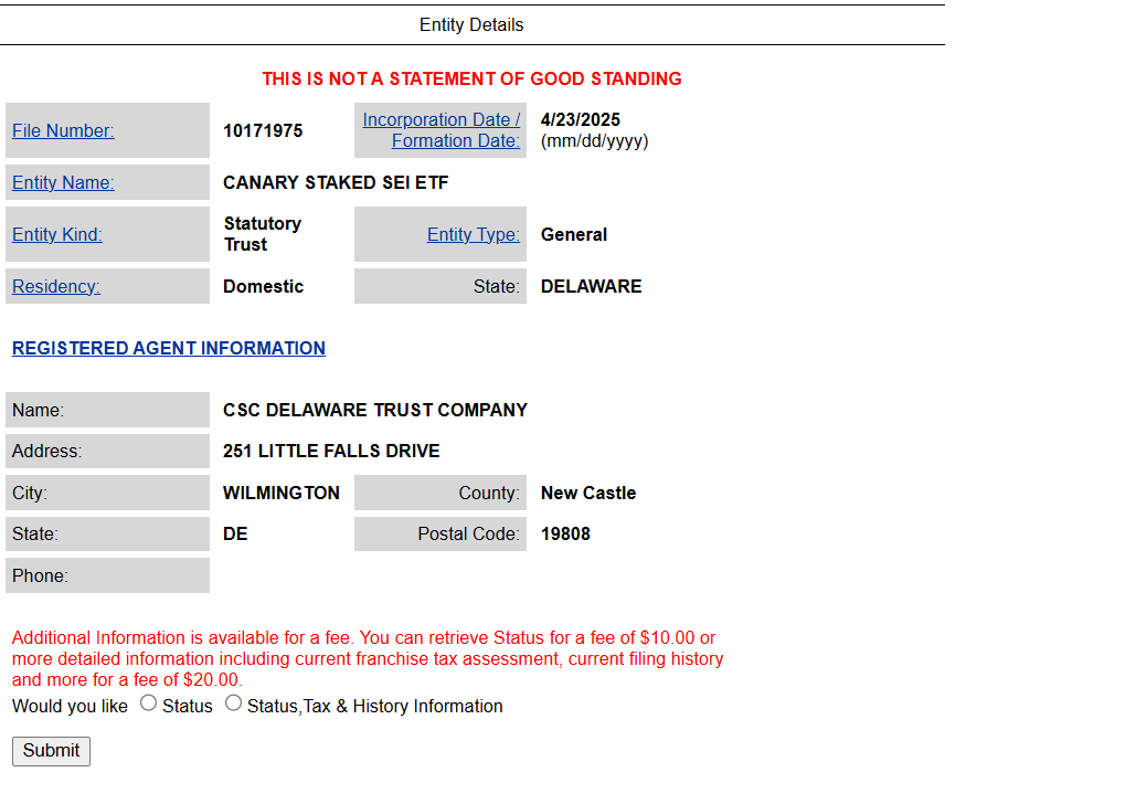 Registro del ETF de SEI en staking de Canary Capital. Fuente: Delaware