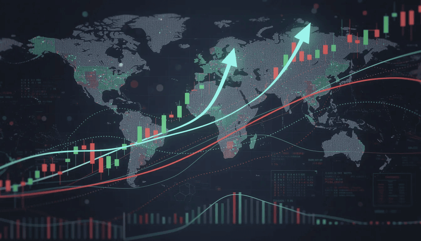 The abstract visualization shows the trends and indicators of the financial market, including fluctuating price developments of cryptocurrencies like <span class=