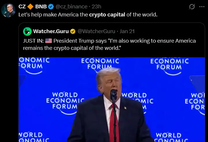 cz_binance on  X Let's help make America the crypto capital of the world