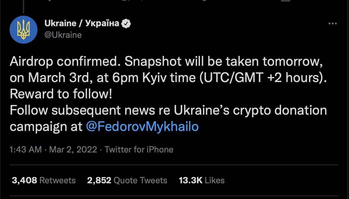 Ukrainian government announcing a crypto airdrop to donors