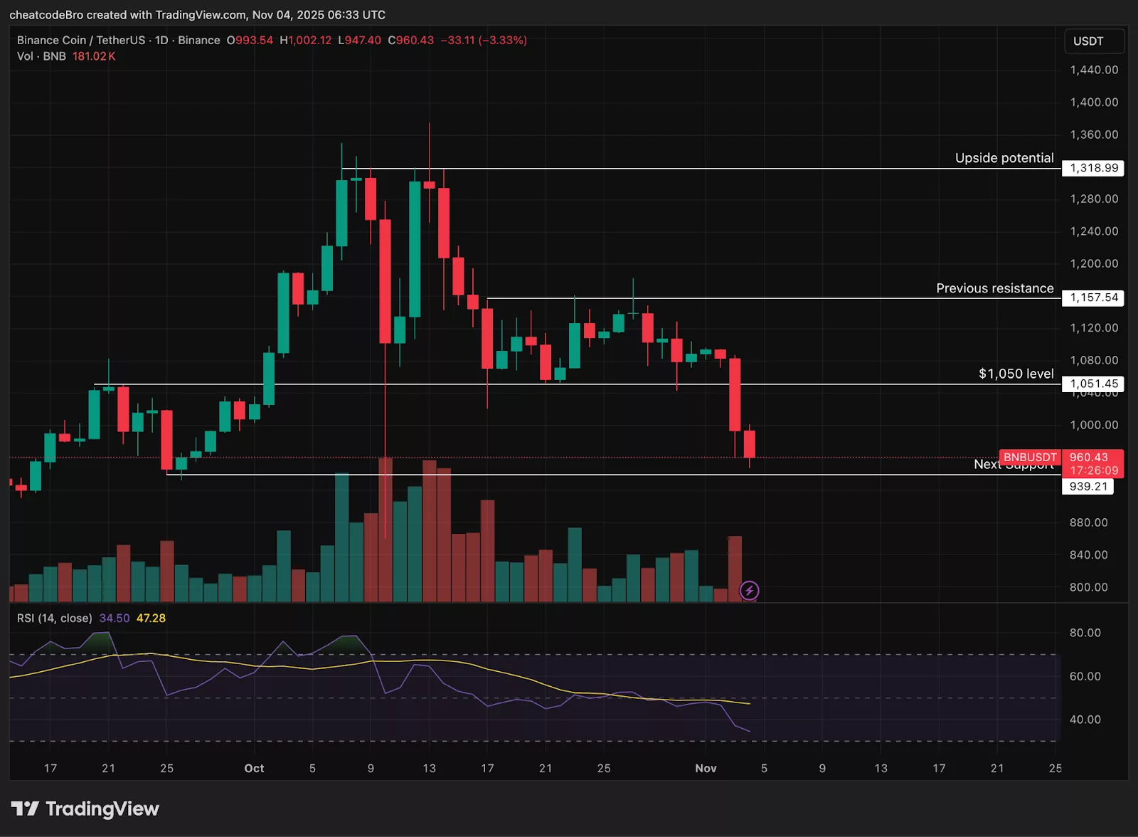 Chart from TradingView showing BNB price with support and resistance levels.