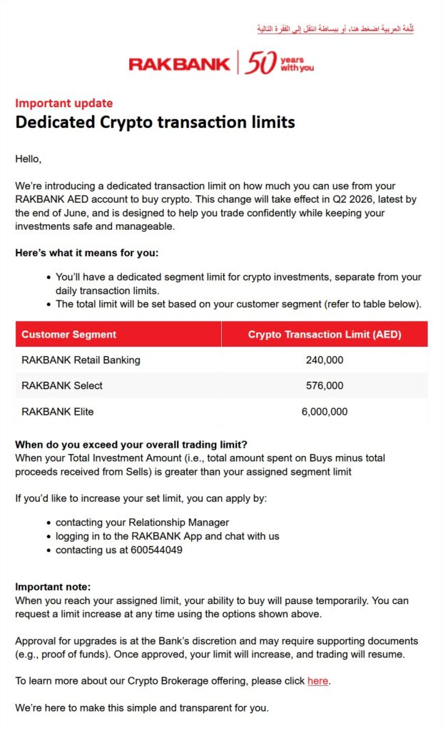El banco RAK de los Emiratos Árabes Unidos establece límites a los montos de negociación de criptomonedas
