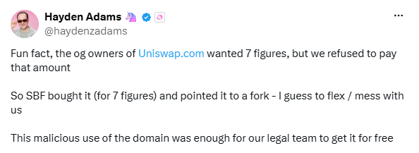 2ce66b38f2b6fda6c131b212ff24d4cf59f03f8b Сэм Бэнкман-Фрид купил Uniswap.com за семизначную сумму, чтобы навредить Uniswap