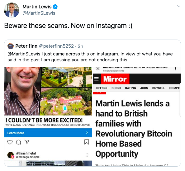 Fake Martin Lewis Bitcoin Scam Ad on Instagram. Source: Twitter