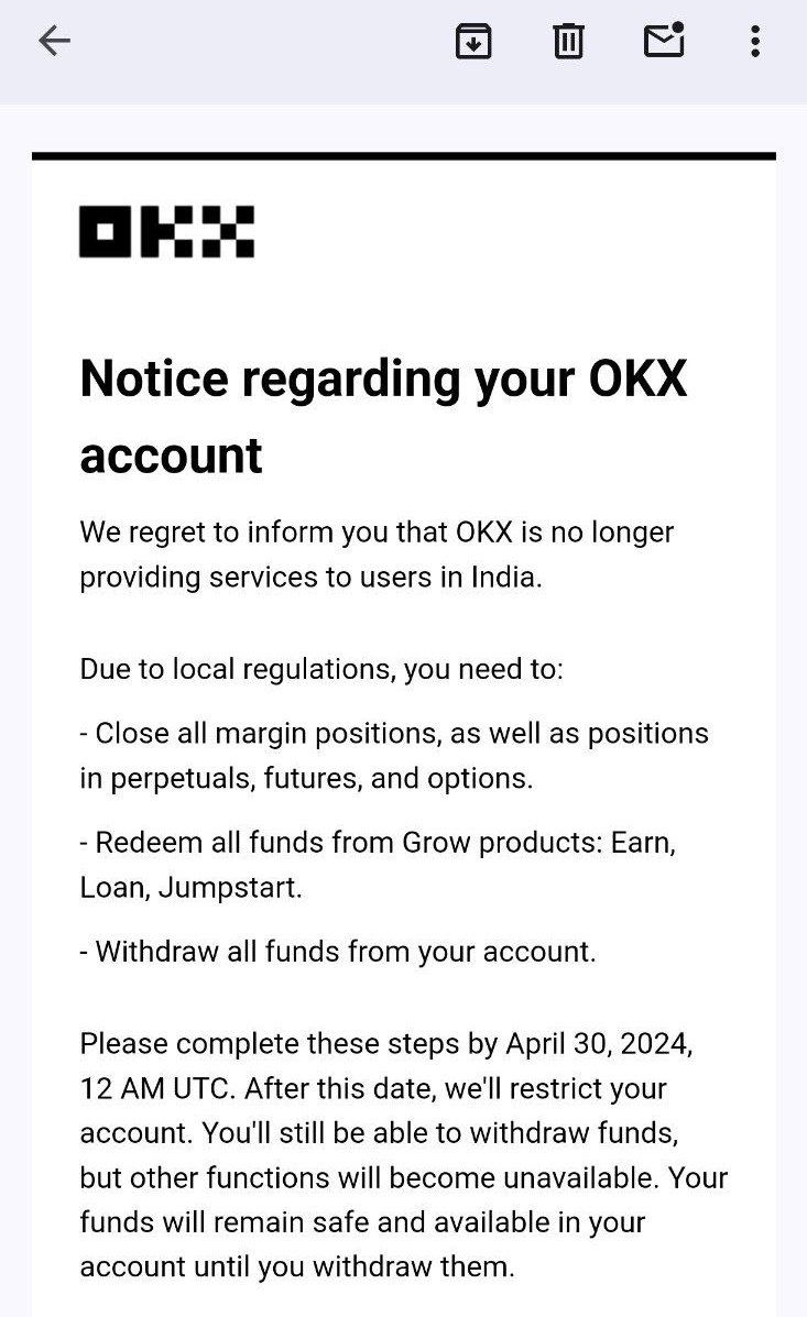 OKX Ends Operations in India, Urges Users to Withdraw Funds by April 30