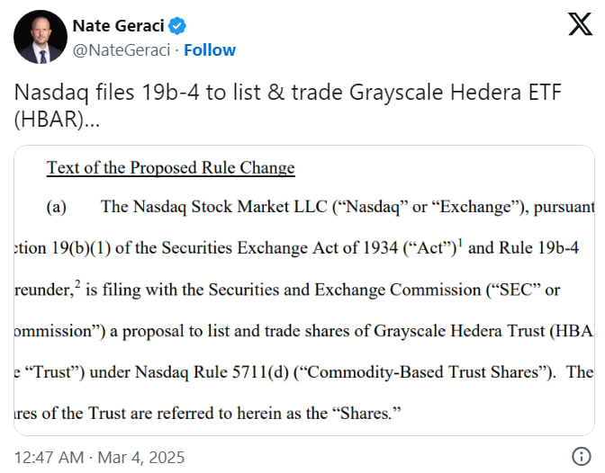 Nasdaq подала заявку на ETF HBAR: цена токена растет на 17,5%