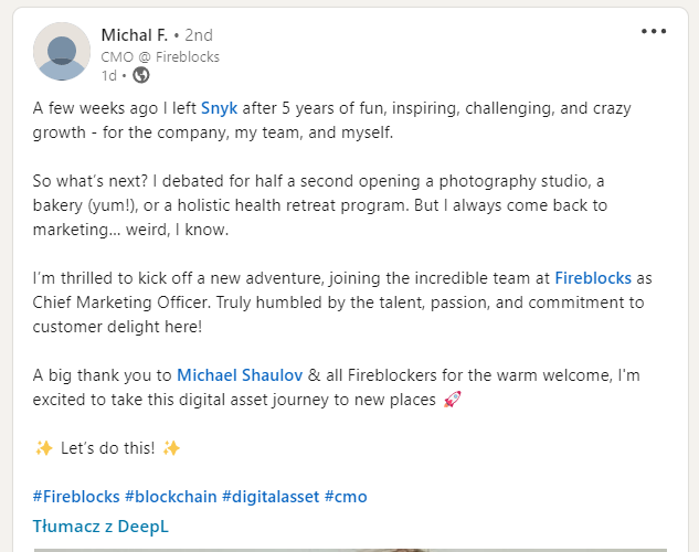 Post LinkedIn de Ferguson annonçant l'embauche