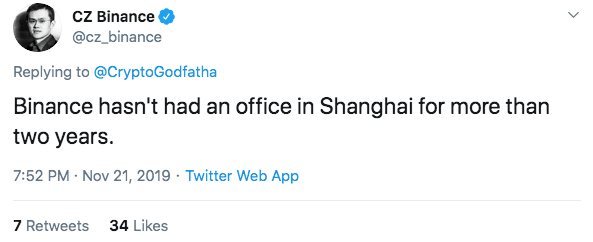 No Binance Office in Shanghai