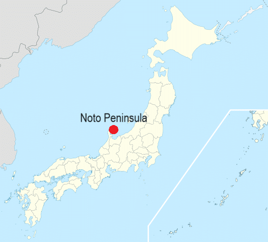 A map of Japan showing the location of the Noto Peninsula.