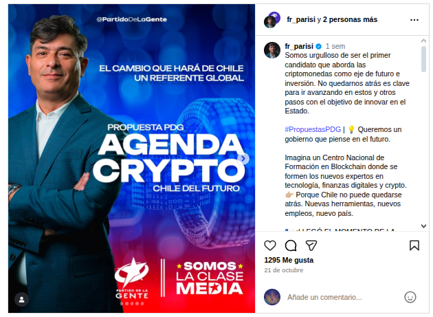 Candidato presidencial chileno Franco Parisi respalda la tecnología blockchain. Fuente: Instagram