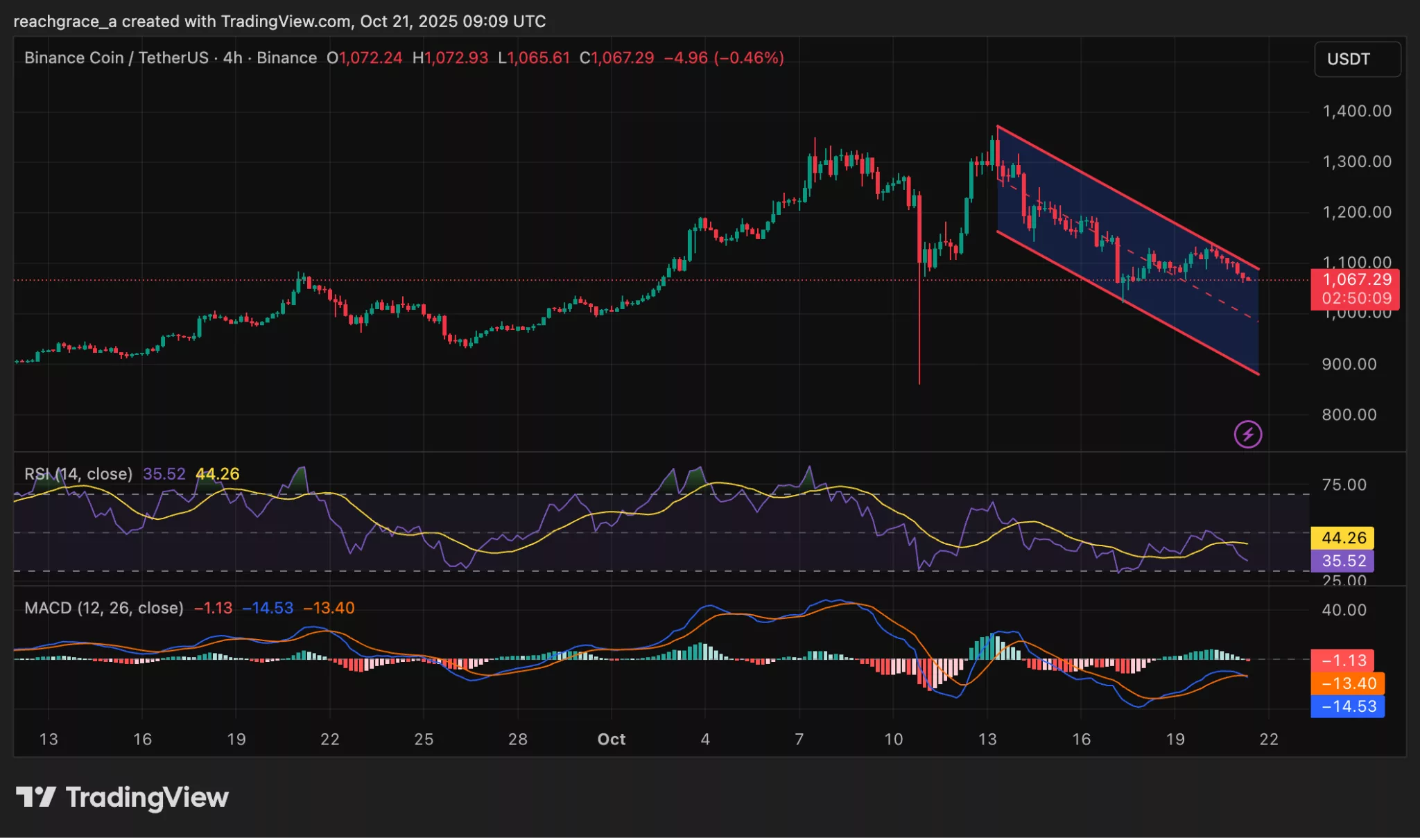 Chart from TradingView showing BNB price in descending channel as market pressure deepens.