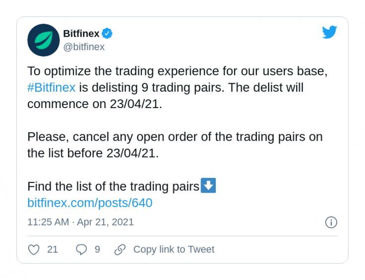 Bitfinex delists nine trading pairs 