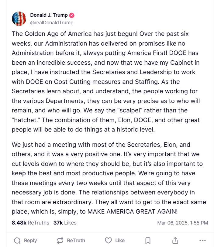 President Donald Trump's Truth Social post explaining how Elon Musk's DOGE and Cabinet members can work together to manage federal government costs