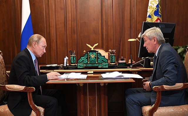 Yuri Chikhanchin, the head of Rosfinmonitoring, at a meeting with Russian President Vladimir Putin.