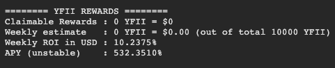Screengrab showing weekly ROI and APY for YFII staking
