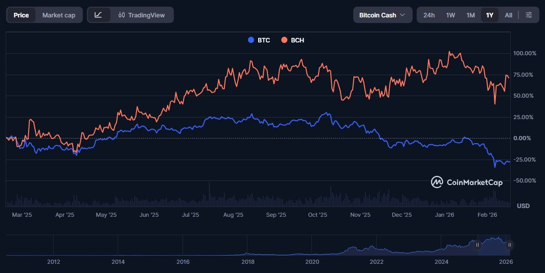 Сравнение динамики биткоина и Bitcoin Cash.