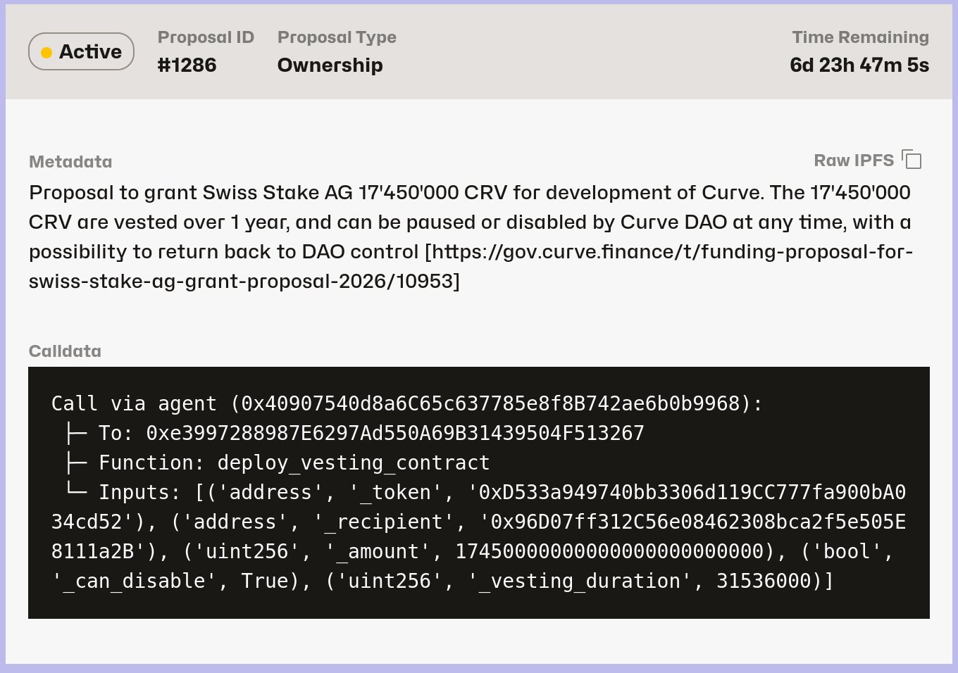 El fundador de Curve Finance somete a votación de la DAO una subvención de 17,45 millones de CRV a Swiss Stake AG.