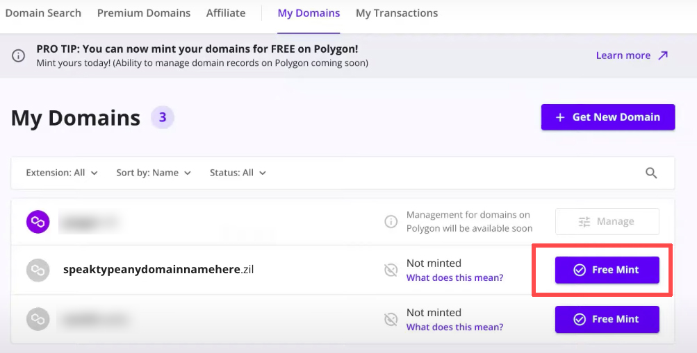 mint nft domain for free step 1