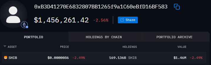 Shiba Inu whale accumulates over 169 billion SHIB