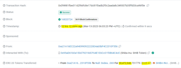 Unknown Wallet Burned 3047 Million SHIB in a Single Transaction