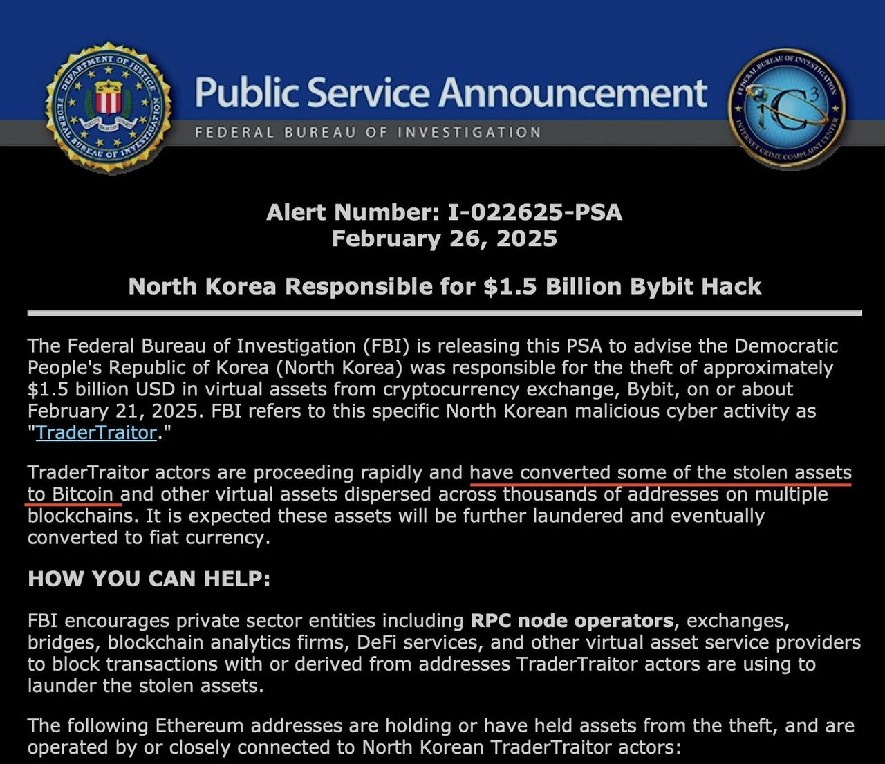 أصدر مكتب التحقيقات الفيدرالي (FBI) PSA المتورط في كوريا الشمالية للاختراق BYBIT