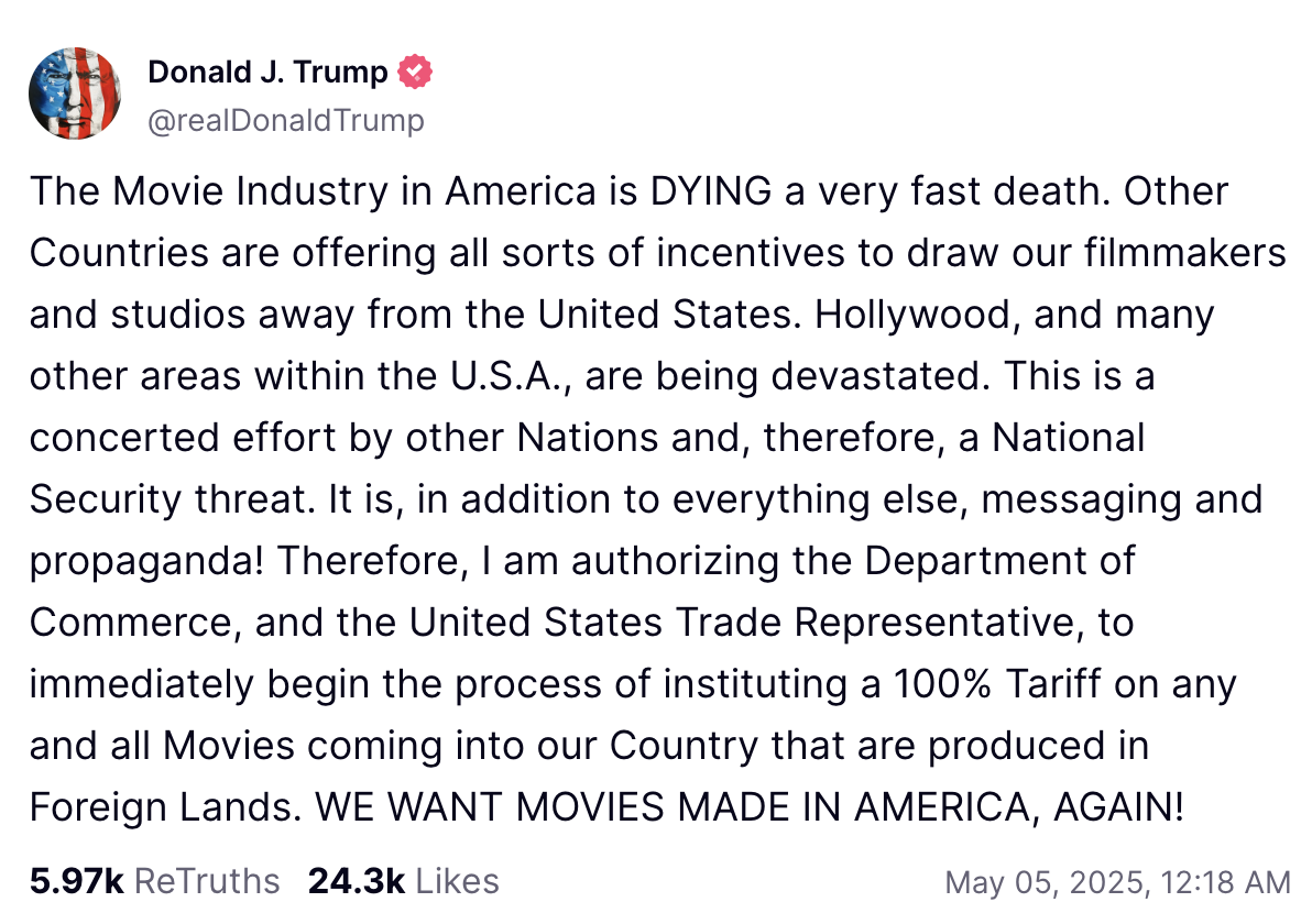 El presidente de EE.UU. Donald Trump pide aranceles del 100% sobre películas extranjeras, 5 de mayo de 2025 | Verdad