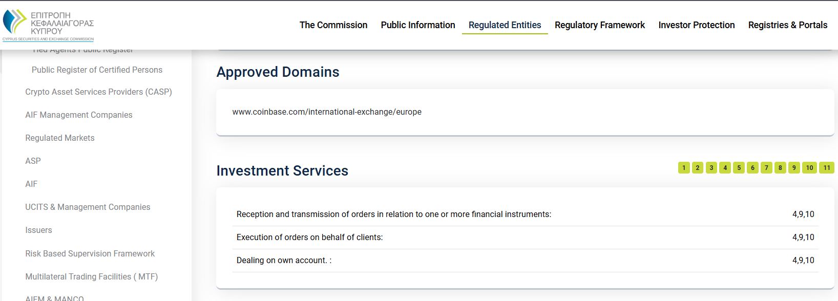 A screenshot of the license details of Coinbase's new CY entity on CySEC's registry