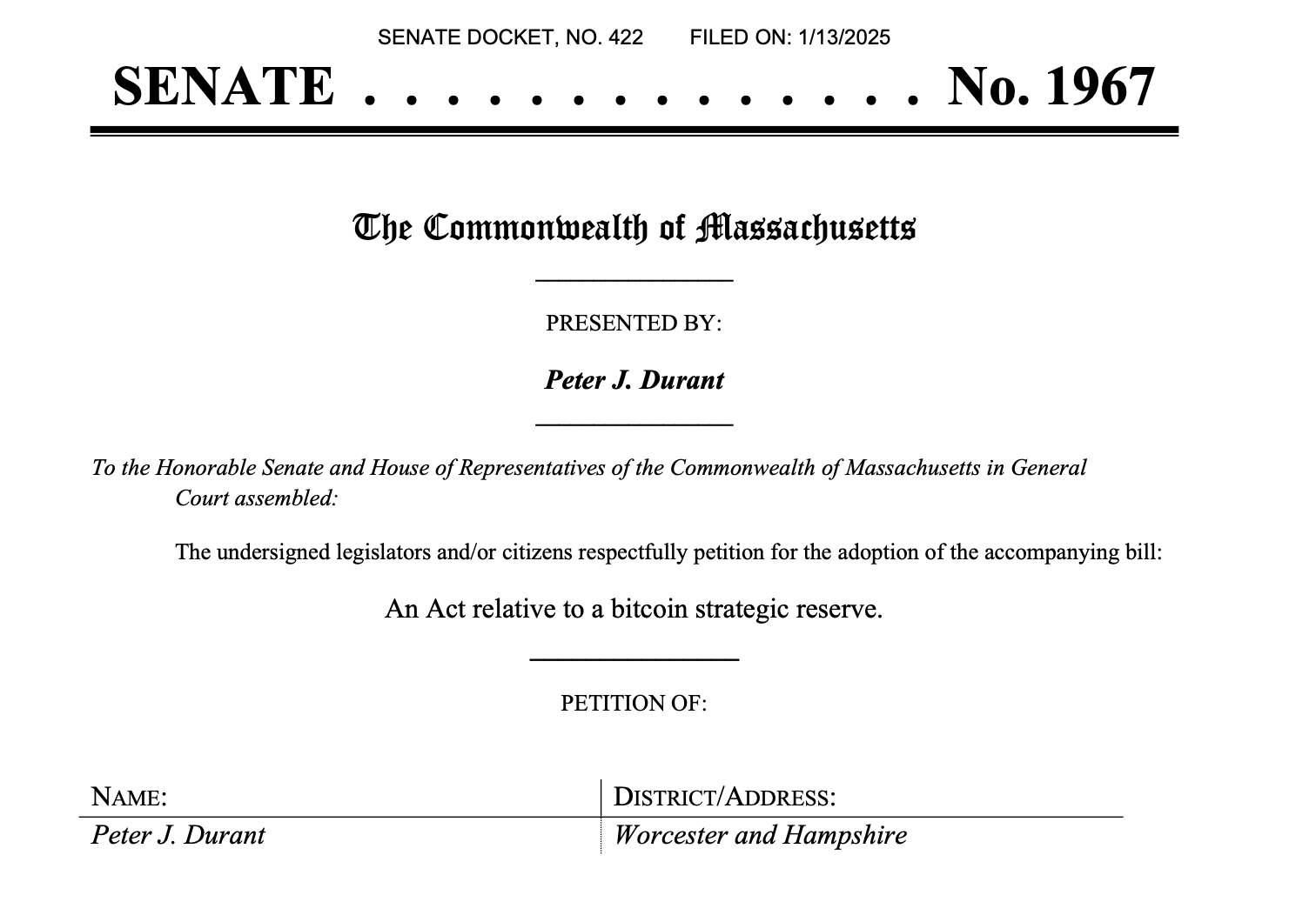 Массачусетс рассмотрит закон о создании резерва биткоина