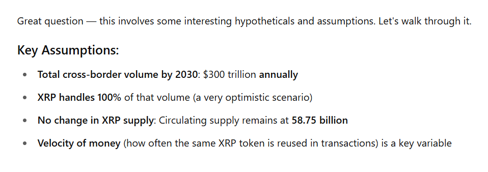 Вот цена XRP, если она обрабатывает 100% от ожидаемого годового объема трансграничного объема 300 долл. США к 2030 году. Вот цена XRP, если она обрабатывает 100% от ожидаемого годового объема трансграничного объема 300 долл. США к 2030 году.