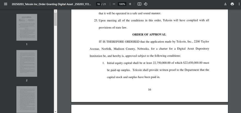 Telcoin Digital Asset Depository Bank Charter approuvé