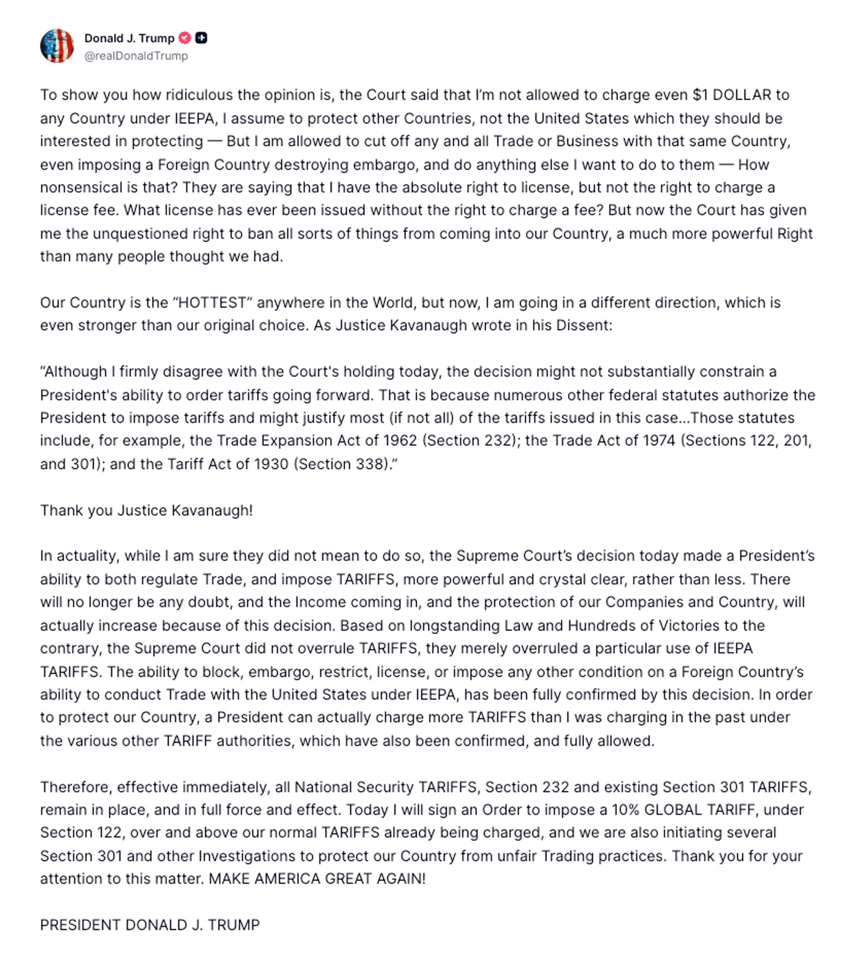 Официальная реакция Дональда Трампа на решение Верховного суда