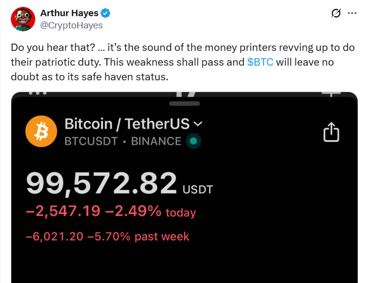 Артур Хейс: “Слабость биткоина пройдет после падения ниже $100 000”