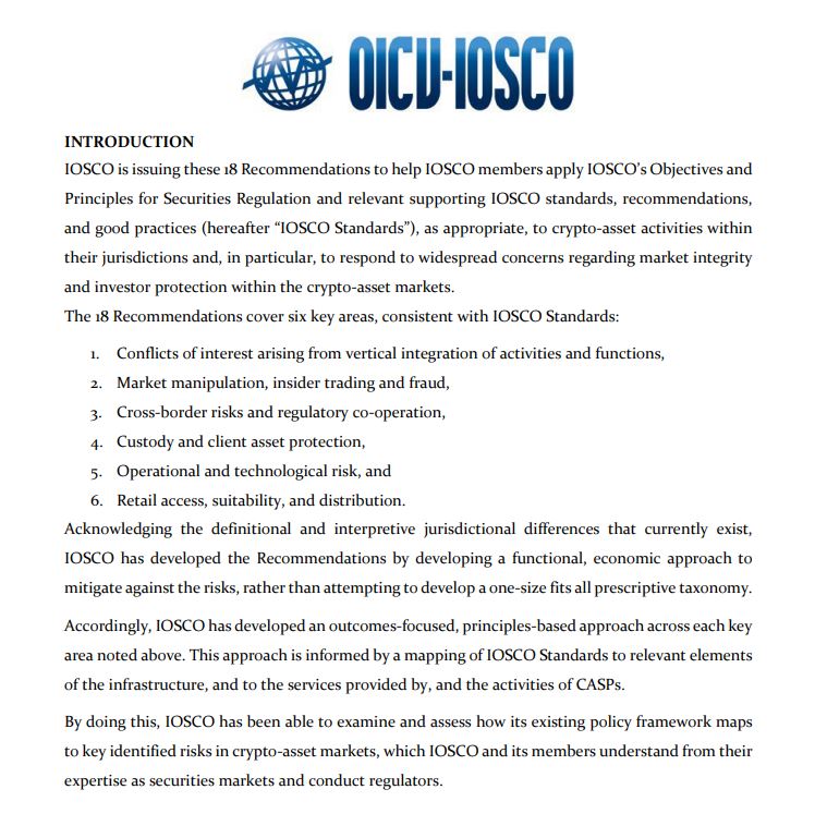 Глобальная организация по ценным бумагам IOSCO представляет предложения по нормативной базе криптовалюты