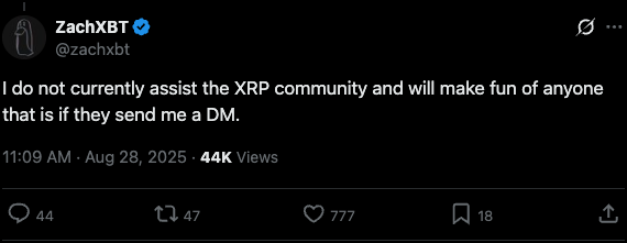 ZachXBT stating that he will not support XRP holders if they get scammed